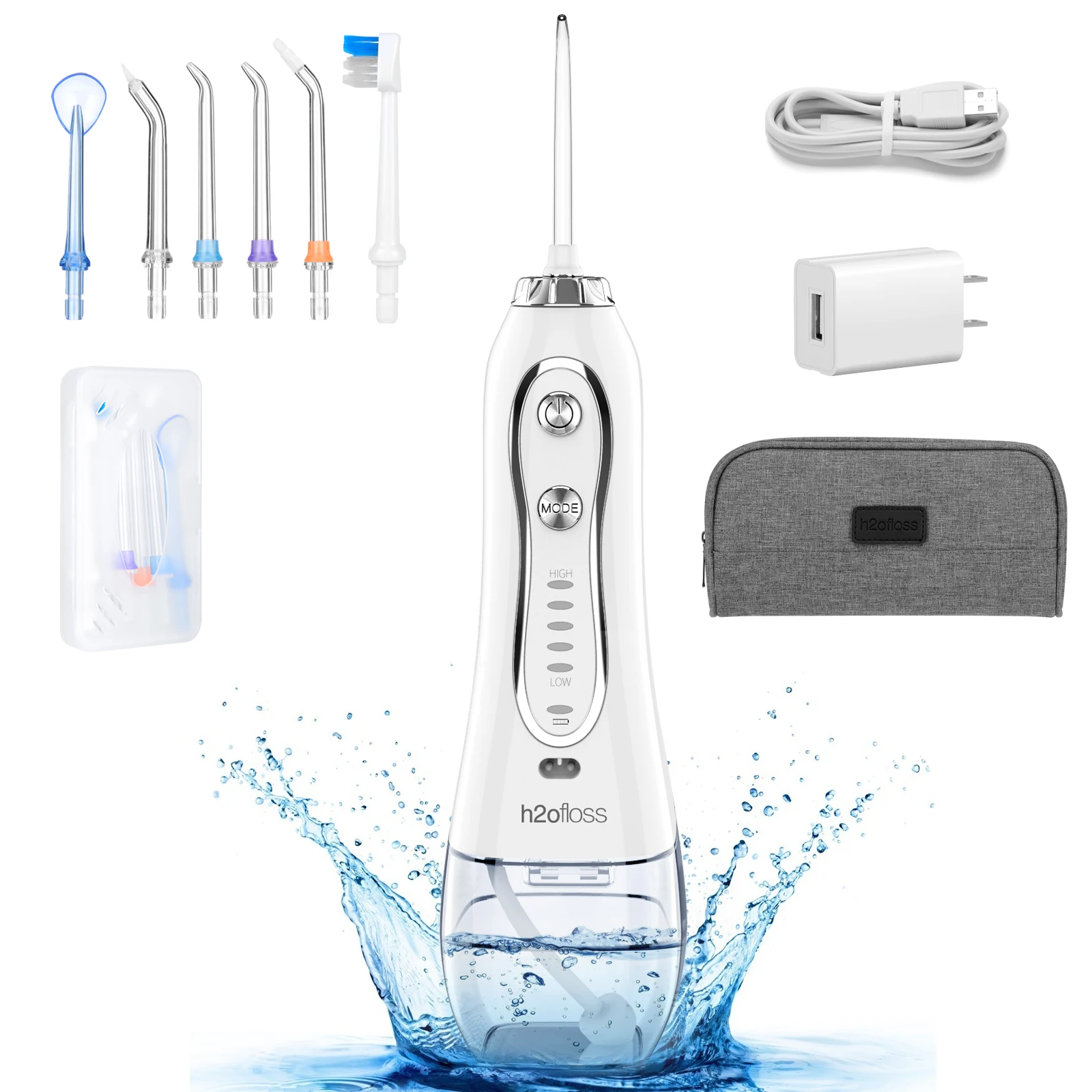 H2ofloss 2023 Best Seller Professional Teeth Whitening Water Flosser with 5 Modes and 2500mAh IPX7 Waterproof