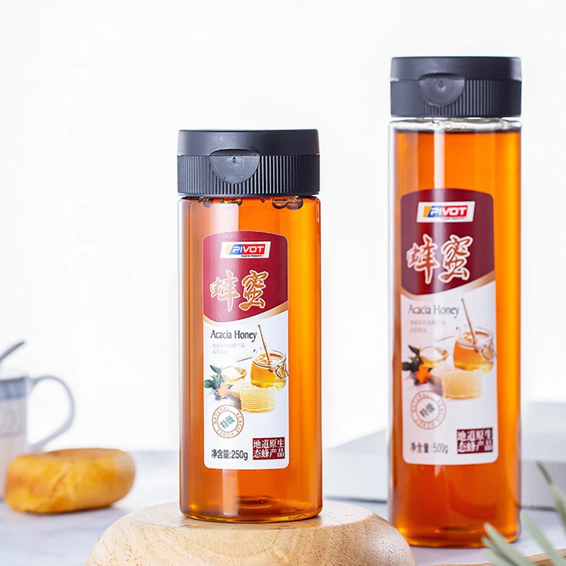 Stock 250ml 360ml food grade PET plastic packaging container New round clamshell squeeze empty honey bottle