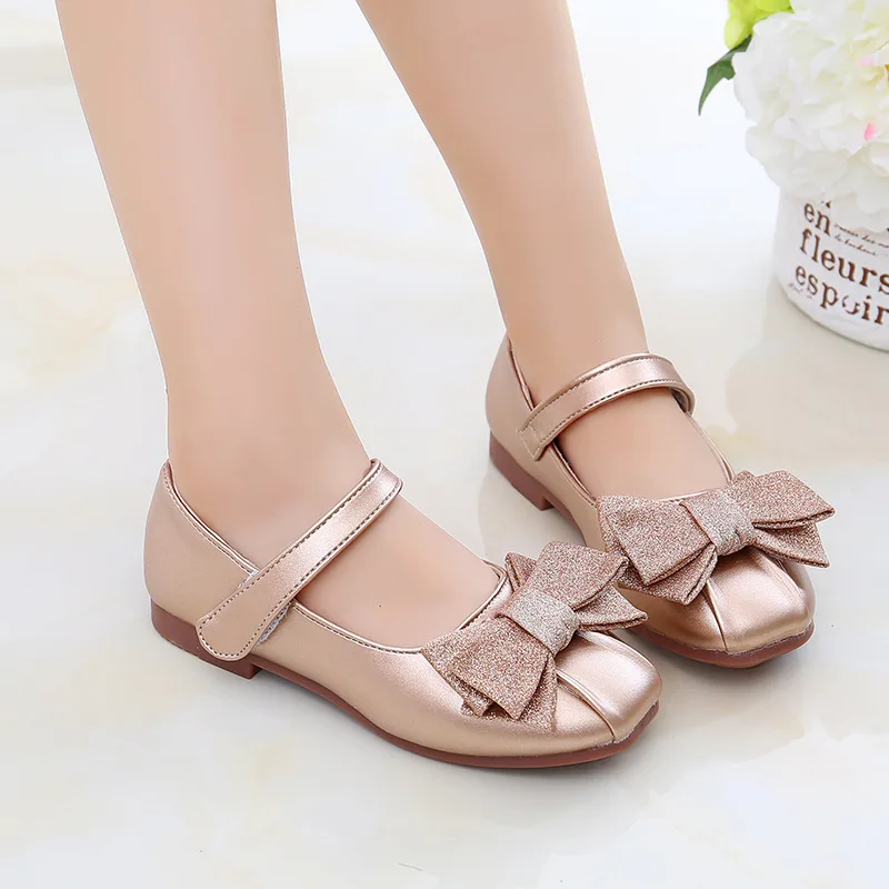 
peep-toe 3-12 years loafer youth student kids children little girl baby bowknot pink gold black leather mary jane casual shoes 