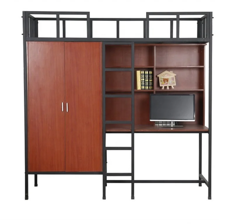 Modern dormitory metal double bunk bed with desk and wardrobe