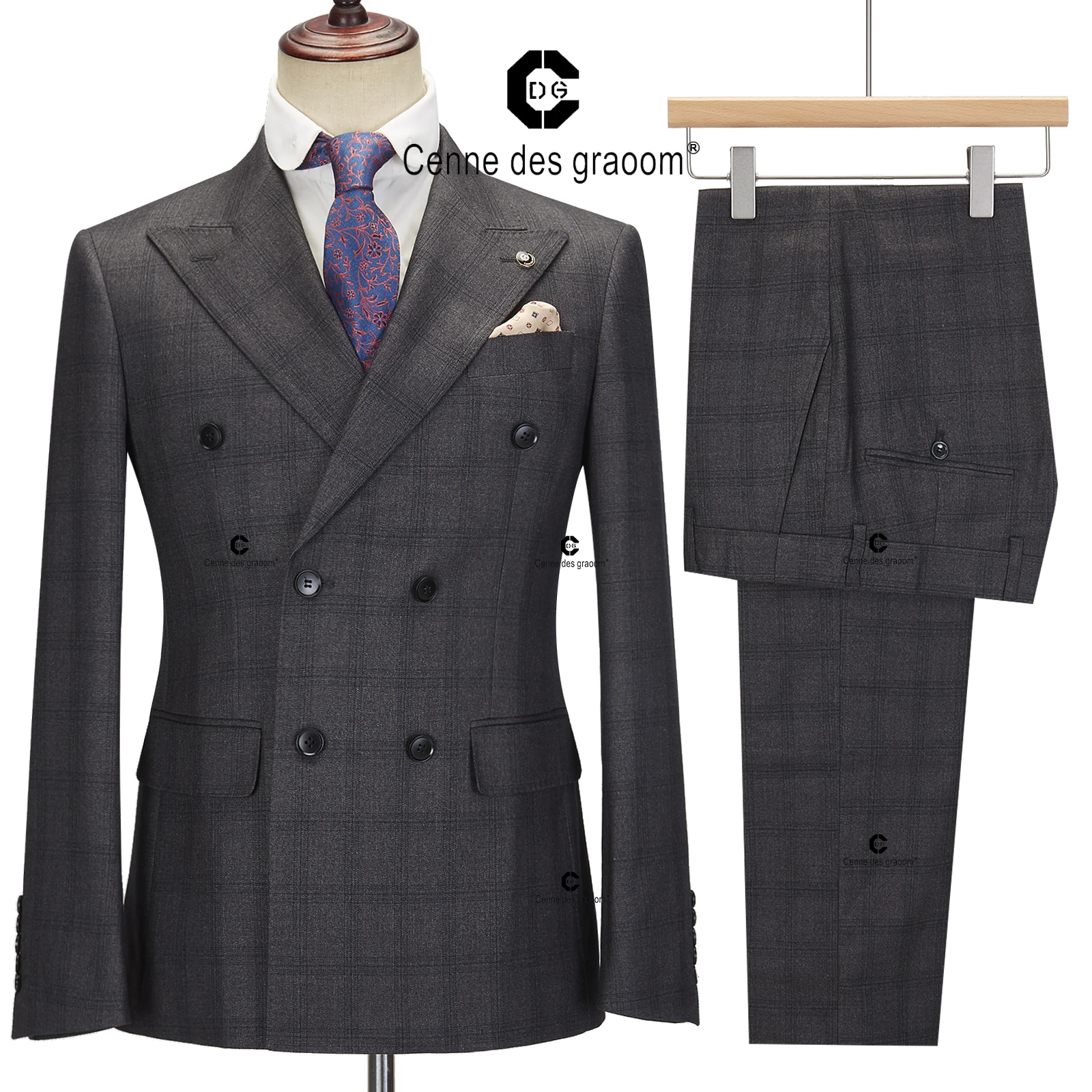 Cenne Des Graoom 2024 New Double-Breasted Plaid Suits for Men Tailor-Made Slim Fit 3 Piece Set Blazer Pants Casual Wedding