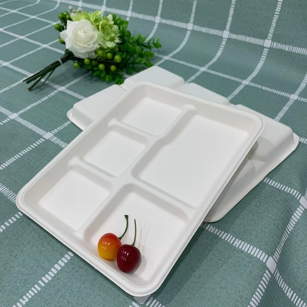 Biodegradable dinnerware sets compostable Disposable Sugarcane Bagasse 5 compartment food tray for lunch