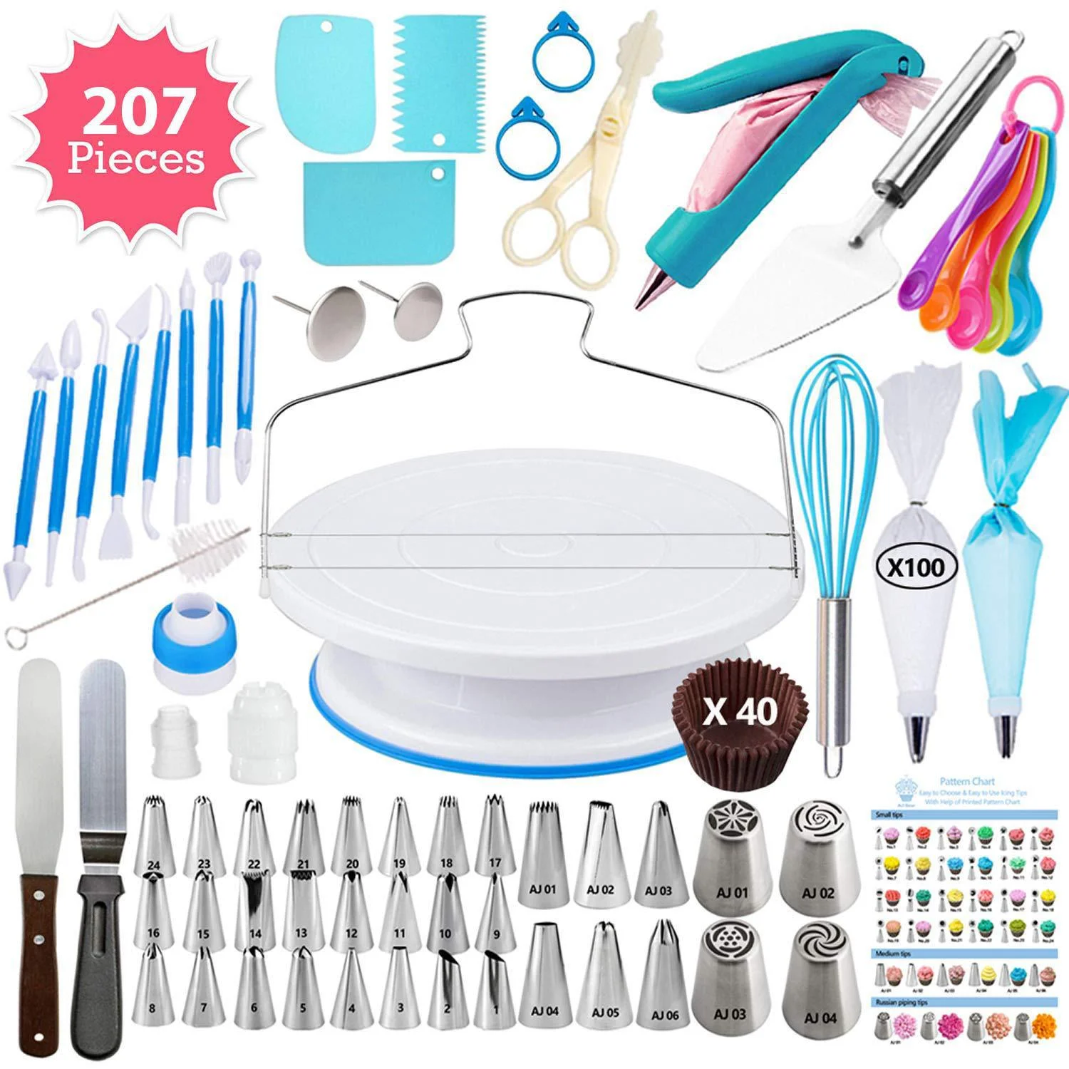 207pcs/set Cake Turntable Set Multifunction Cake Decorating Kit Pastry Tube Fondant Tool Party Kitchen Dessert Baking Supplies