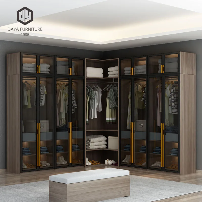 Modern walk in closet aluminum frame glass door wooden wardrobe closet design