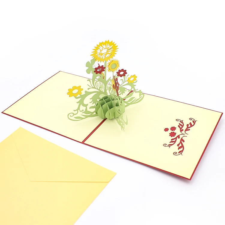 3D Popup Paper Card Cartoon Flower Greeting Card With Note Envelope Recyclable For Christmas Household&Commerce Craft Gift Tag
