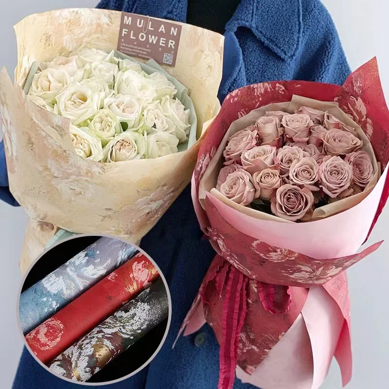 Custom Korean Gift Floral Pink Packaging Golden Edge Florist Wrapping Paper With Logo Waterproof Flower Wrapping Paper Roll