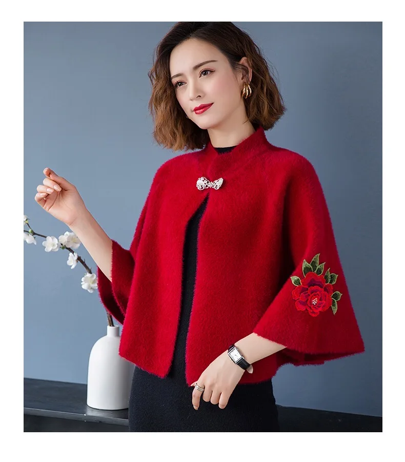 New autumn winter knitting rose mink fur stand collar buttons three dimensional with shawl