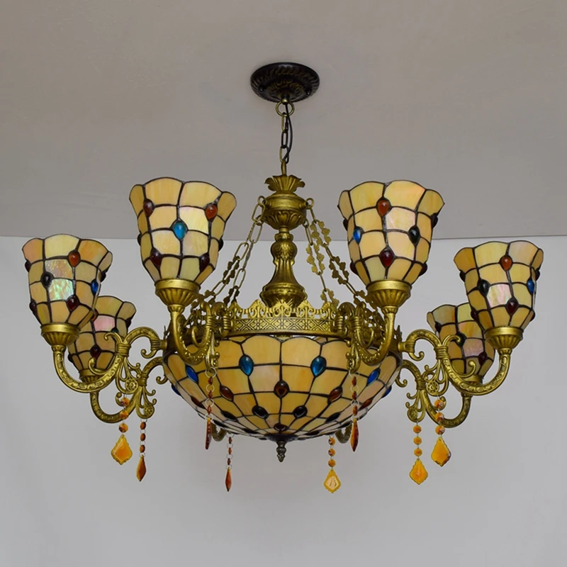 Tiffany oversized round Chandlier Vintage Handmade Stained Glass Ceiling Lighting Fixture for Bedroom Living Room chandelier