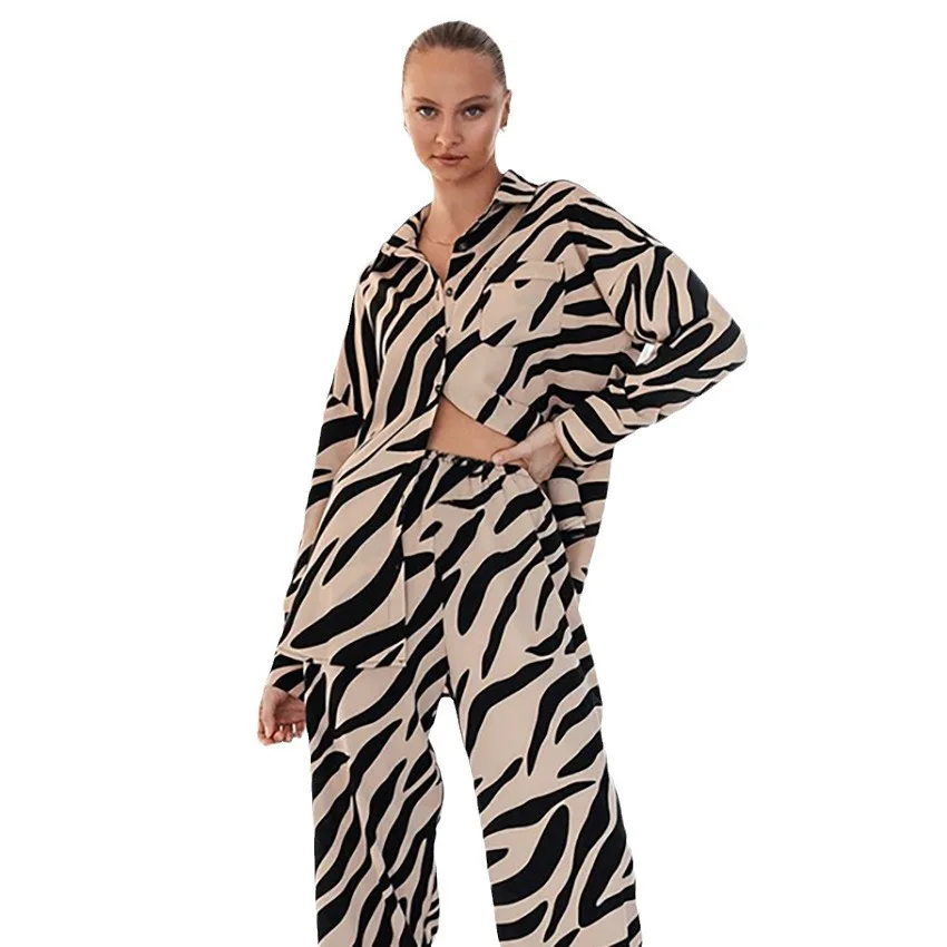 The New Fashion Printing Simulation Silk Pajamas Two Sets Of Long-Sleeved Trousers Loose Casual Loungewear