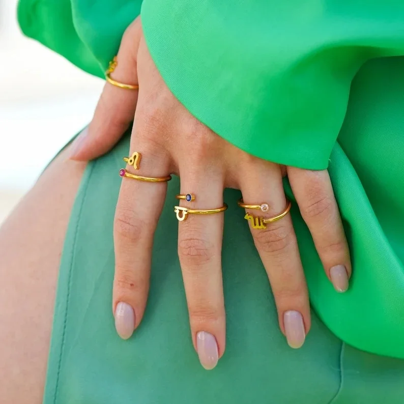 2022 18K Gold Zodiac Sign Birthstone Adjustable 12 Zodiac Sign Ring Astrology Waterproof Personalized Rings Birthday Jewelry