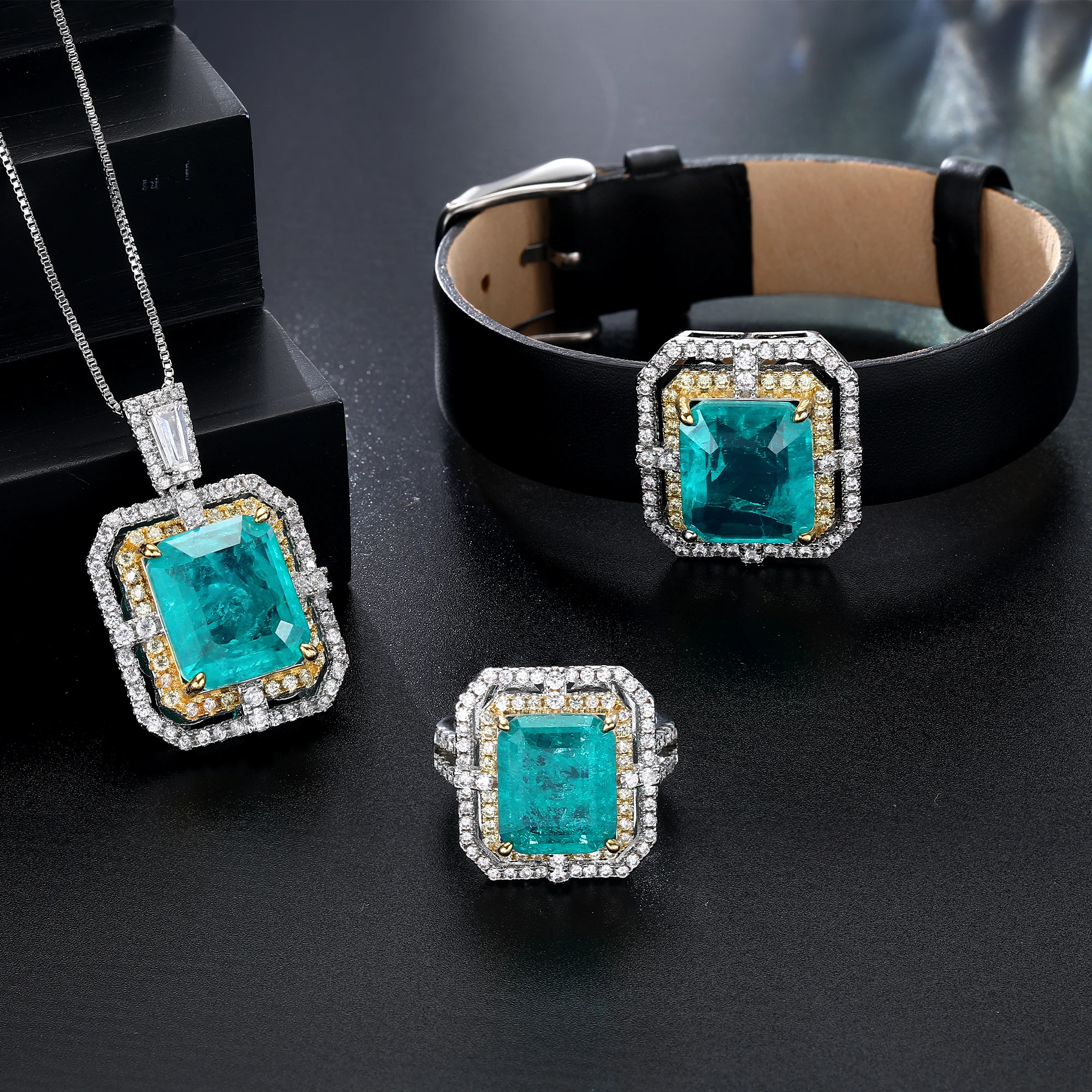Fine Jewelry Brass White Gold Plated 12*16mm Square Paraiba Leather Bracelet Necklace Ring Set Women Banquet
