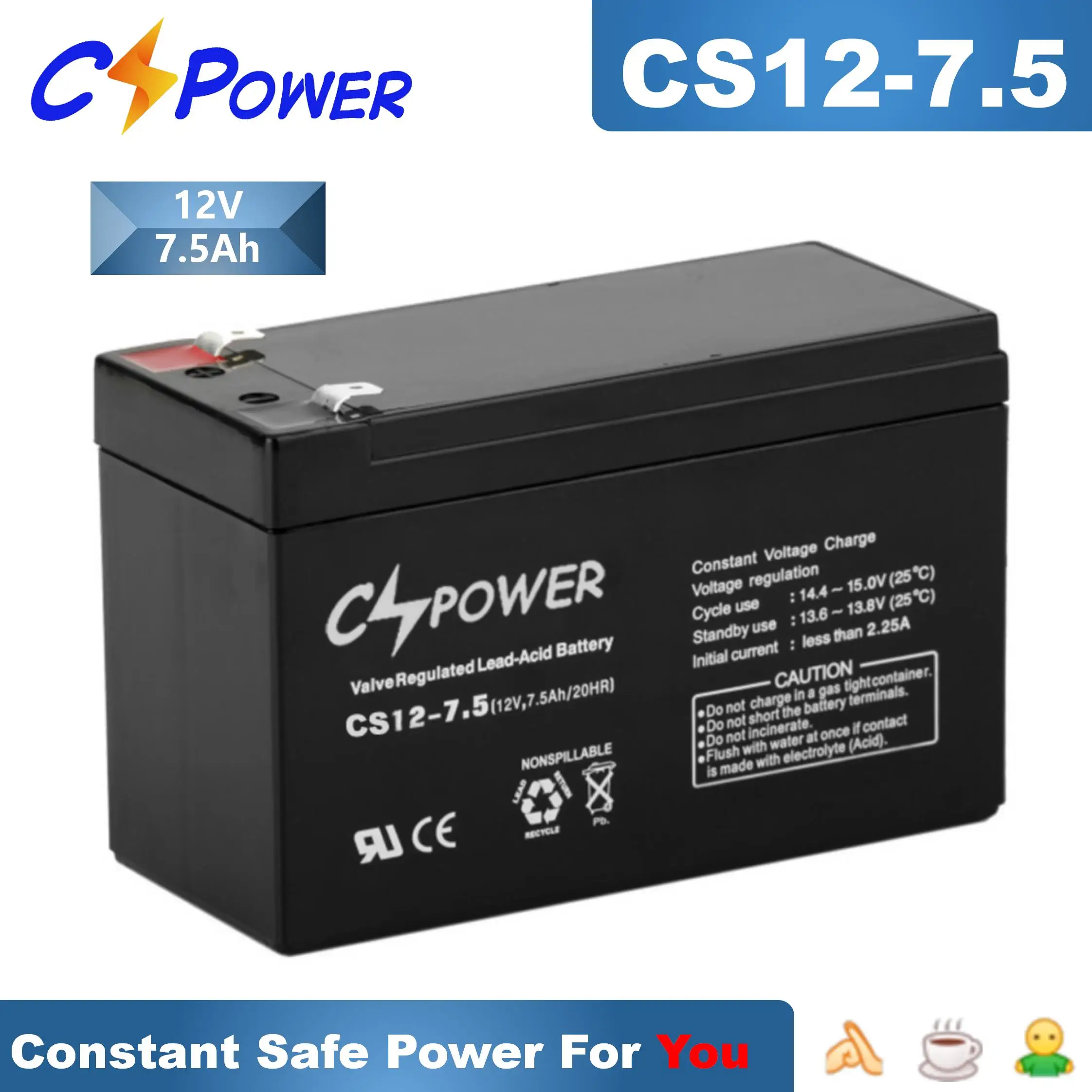 CSPower Maintenance Free 12V 7.5Ah Rechargeable Gel Sealed Lead Acid 20hr Battery CS12-7.5