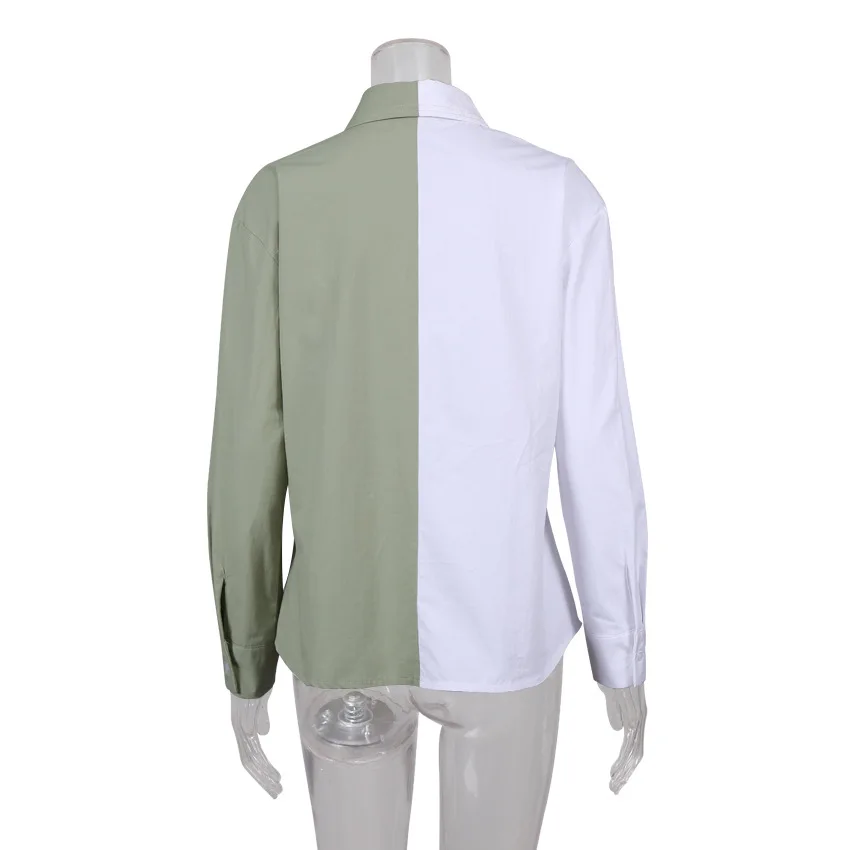 Designer fashion women custom logo shirt blouses collared white green loose causal PU long sleeve oversized two tone blouse