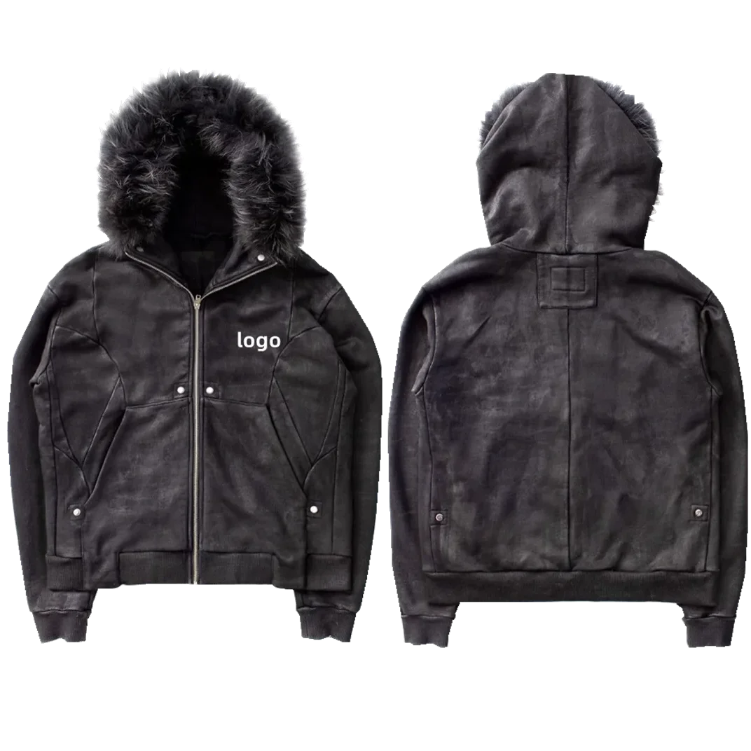 Custom Embroidery Logo Winter Loose Fit Spliced Waxed Suede Fabric Warm Cotton Puffer Down Cargo Zip Hooded Jacket For Men