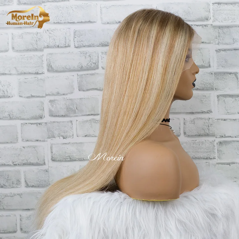 
HD natural pre plucked silk base 27 13x6 100% cheap lace front ombre straight human hair wigs brown blonde highlight wig 