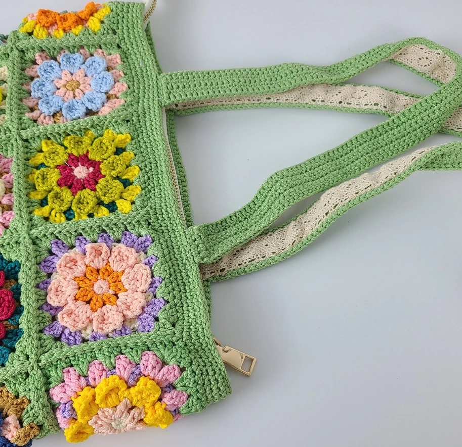 New Arrival Green Color and Flower Pattern Crochet Bags Spring Granny Square Style Bags Knitting Tote Bag