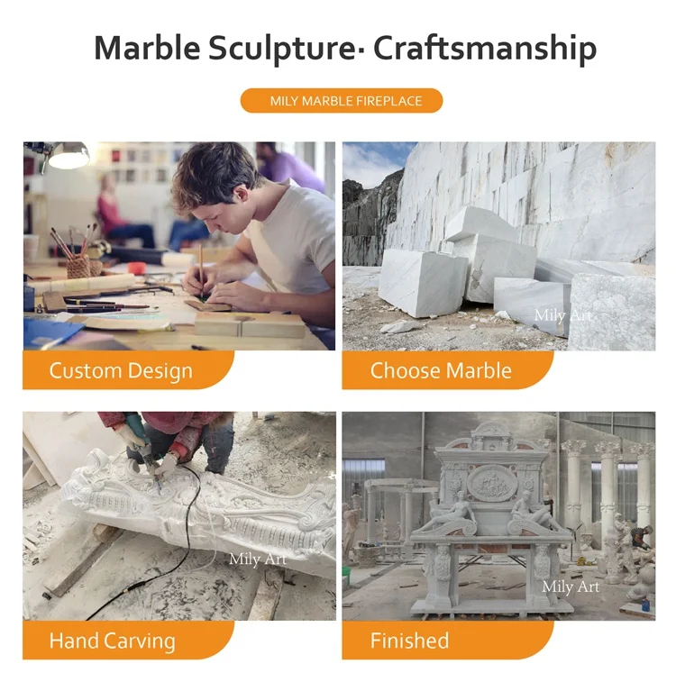Modern Indoor Decorative Hand Carved Luxury Natural Stone Double Marble Statue Fireplace Mantel Frame Surround For Villa Estate