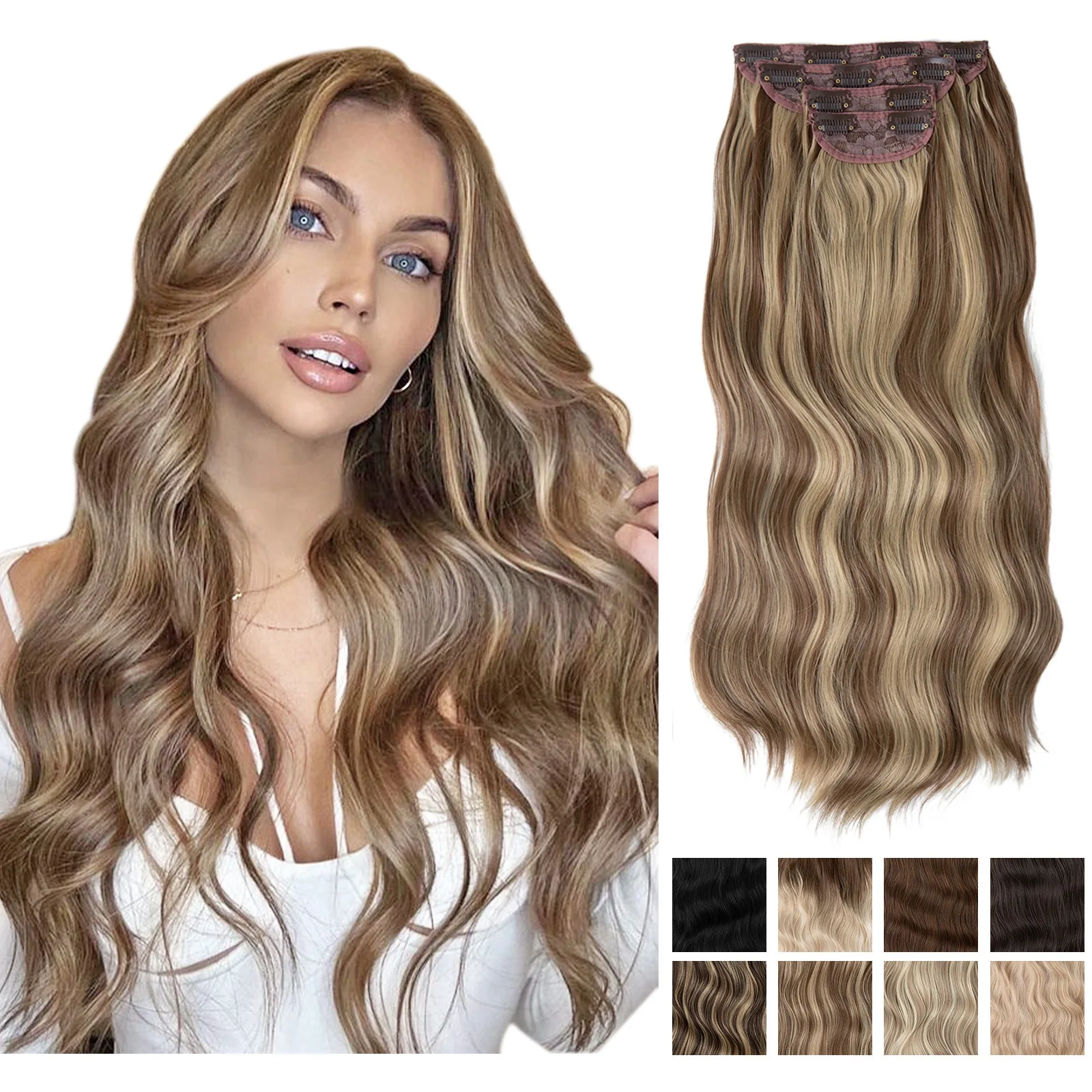Hot Wholesale Clip In Hair Extensions 4 pieces Set Clip in Hair Piece Long Wavy Synthetic Fiber Hairpieces Hair Extensions Wigs