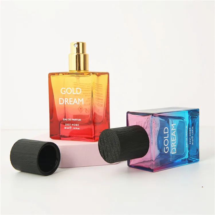 free sample 30ml 30 ml gradient colorful rectangle classic decant perfume bottles crimping gold spray black cap