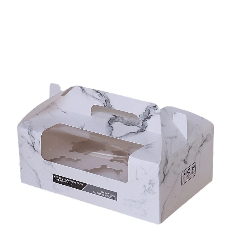 Wholesale 6 pack White And Marble Paper Cupcake Packaging Cupcake Muffin Bakery Boxes With Clear Window And Handle
