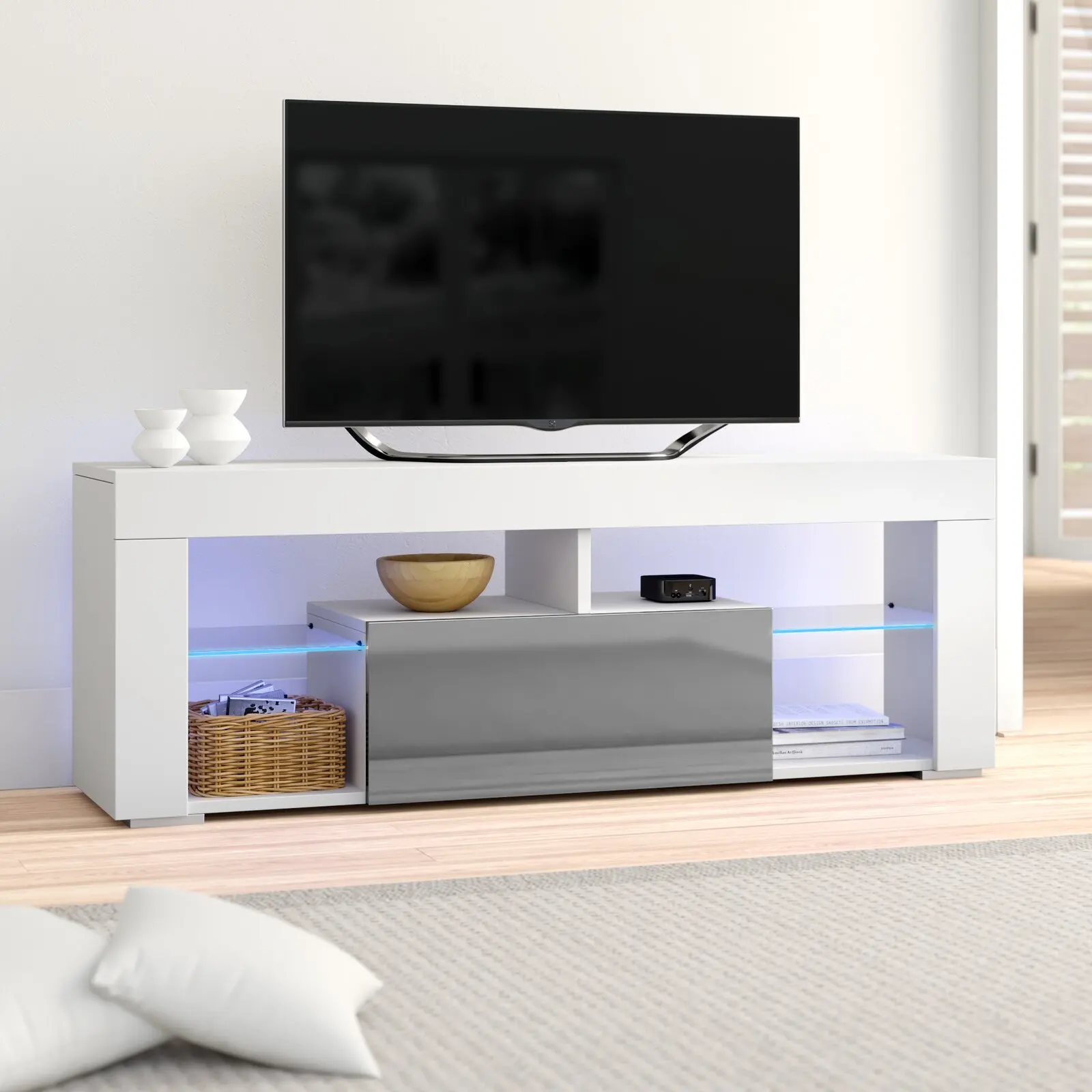 modern design wooden white long 72-inch electric fireplace tv stand cabinet floating wall media console for lving room