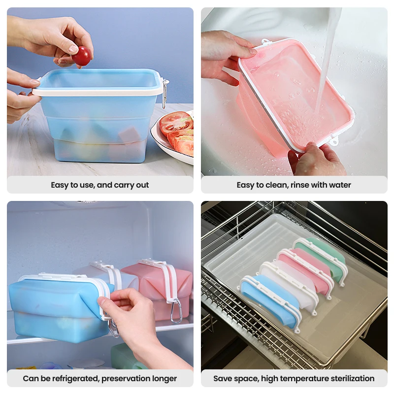 Custom Collapsible Reusable Food Storage Sandwich Bag Silica Gel Fresh-keeping Container Silicon Pouch Refrigerator Box for Food