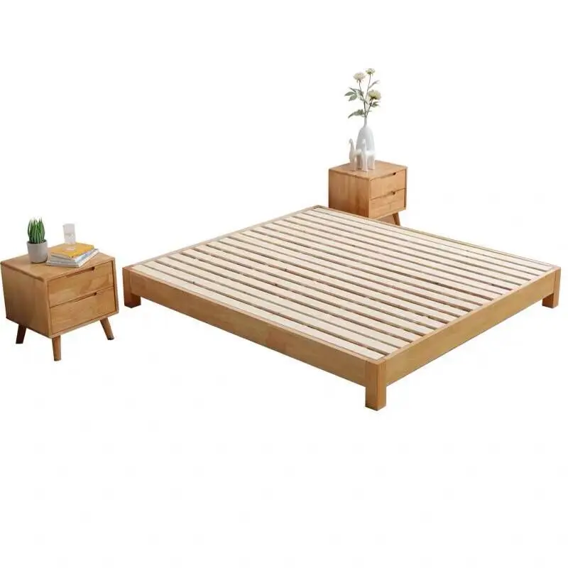 Modern Solid Wood Beds Bed Room Set Furniture Healthy Wooden Ergonomic Minimalistic Nordic Teak Wood Double Bed With Storage