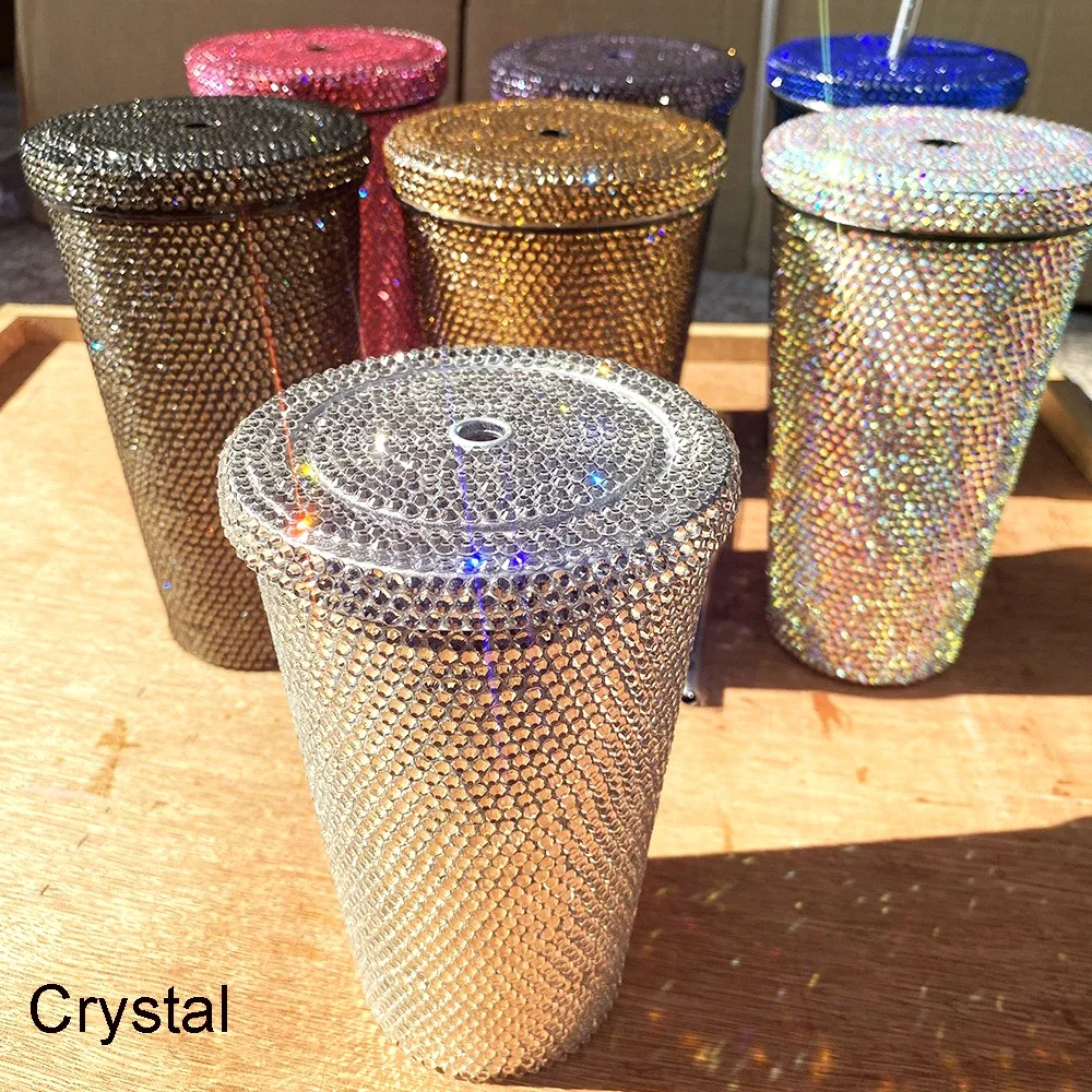 B200 high quality diamond Double Layer Stainless Steel tumbler bottle rhinestone vacuum flask with straw
