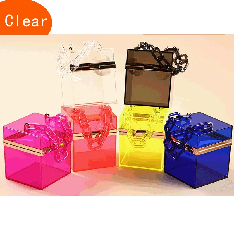 2020 Acrylic women handbag transparent box shape bag mini candy color jelly bag with chain sling crossbody shoulder bag