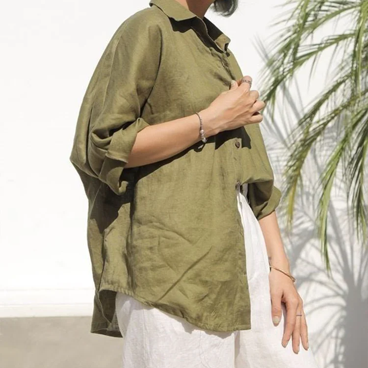 Custom Green Point Collar Button Up Blusas De Lino Mujer Casual Linen Top Solid Oversize Linen Blouse For Women