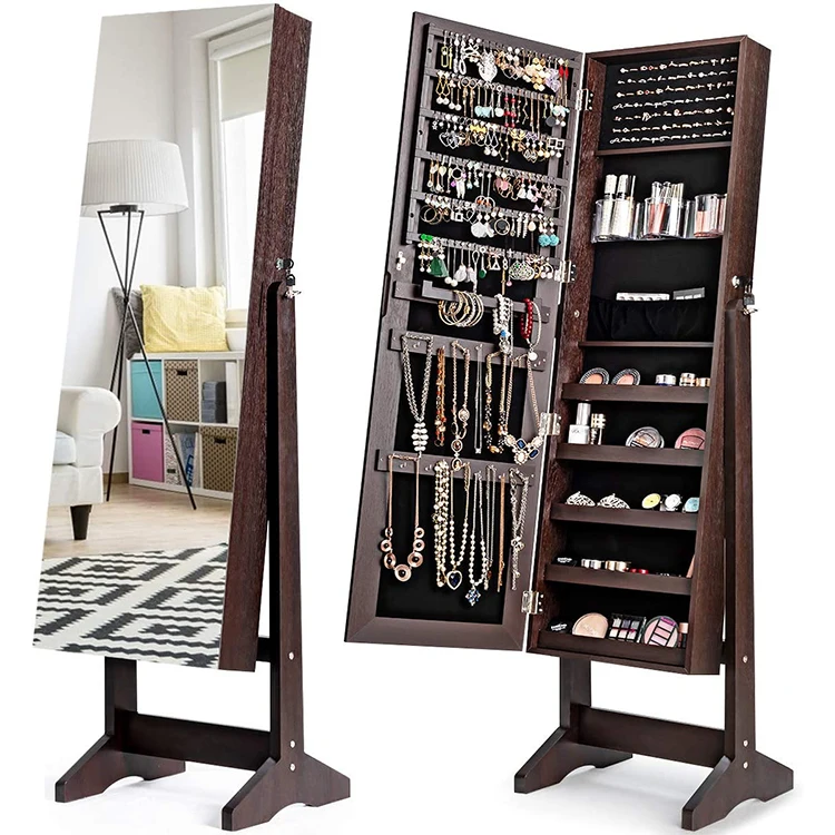 Floor Standing Mirrored Jewelry Cabinet, Bedroom Wooden Cabinet with Mirror