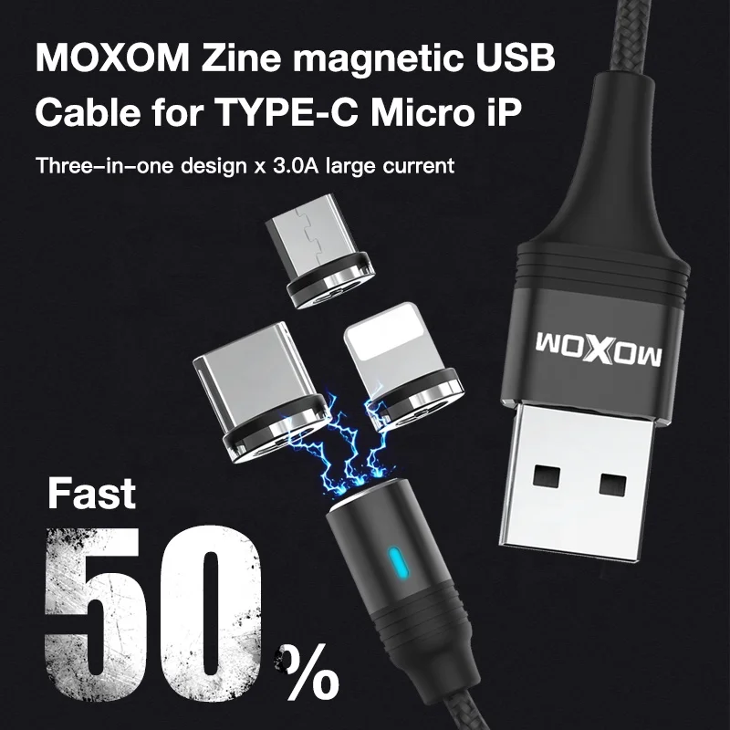 High Ranking Own Brand MOXOM 2.4A Android Magnetic USB Cable 100cm Micro USB Type C Magnetic USB Cable