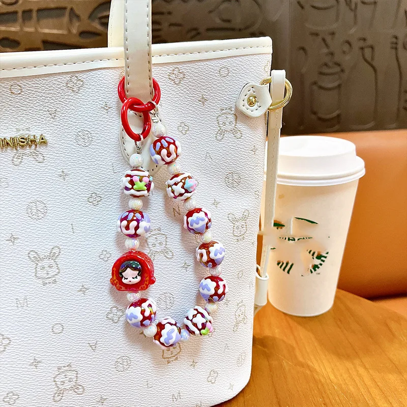 Candy Color Plastic Bead Backpack Bag Pendant Keychain Cute Doll Beaded Phone Wrist Strap Kawaii Bead Mobile Phone Chain