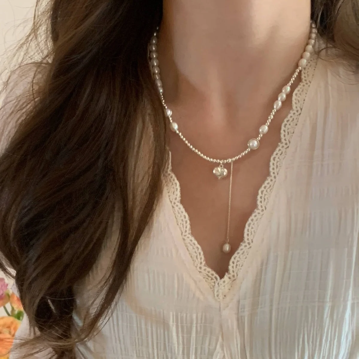 Dainty Elegant  925 Sterling Silver choker necklace pearl Pendant Necklace bracelet set jewelry