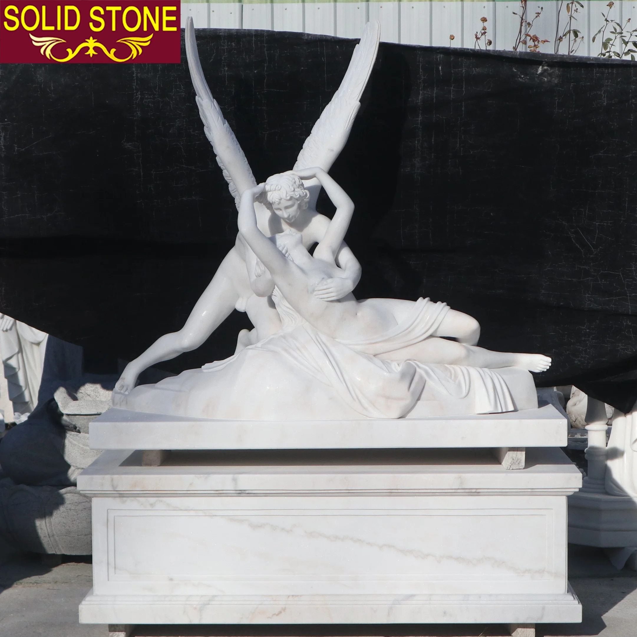 Hand carved Eros and Psyche Natural Stone White Marble Angel Statue
