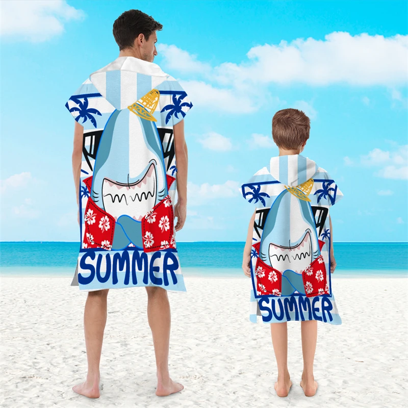 Factory Direct Sale Custom marine animal  Prints Parent-child cape bath towel Swimming Kids Hooded Towel Bath Robe