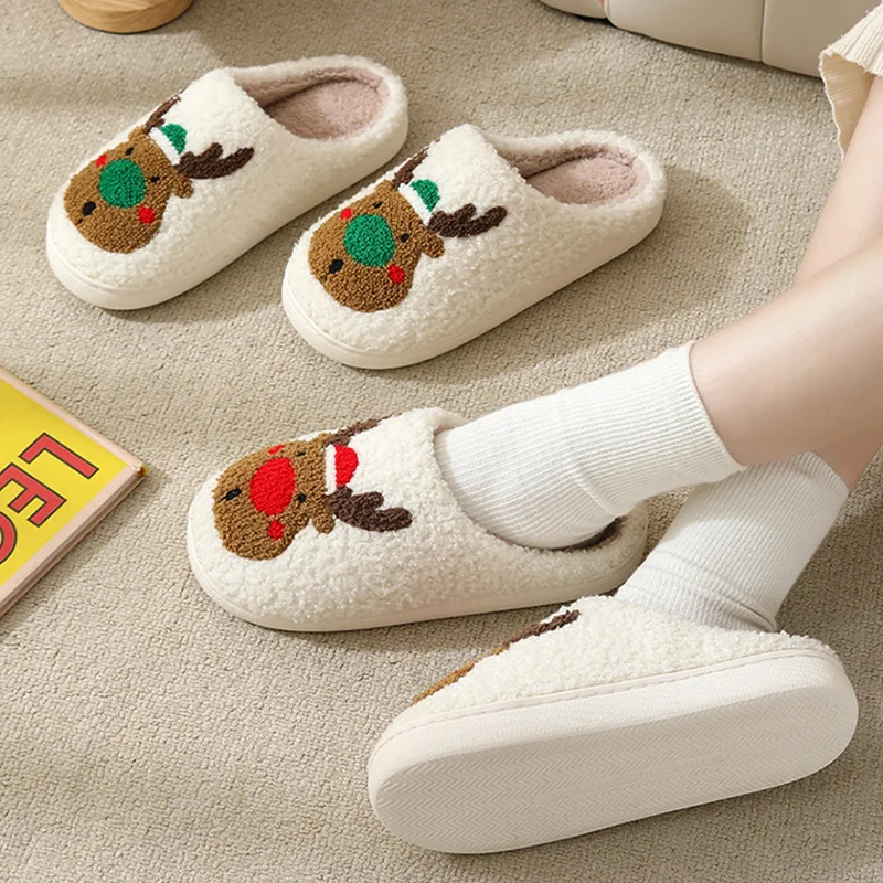 Christmas  Halloween Custom Printed Logo Cartoon Slippers Fall Winter Thicken Indoor Home Plush Fuzzy Slippers Smile Face