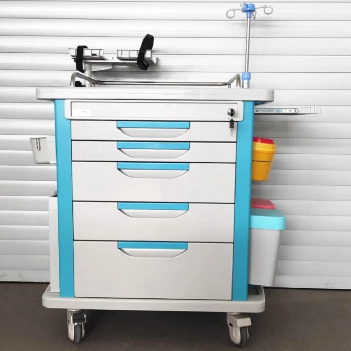 Hospital abs emergency crash cart with automatic returning drawer