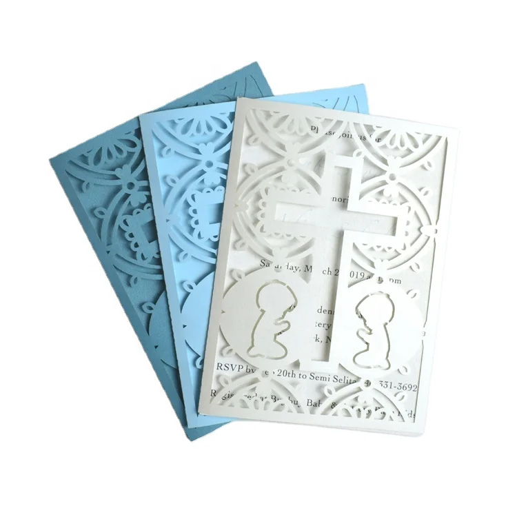 Christian cross design laser cut boy baptismal invitation cards wrap for first communion decoration