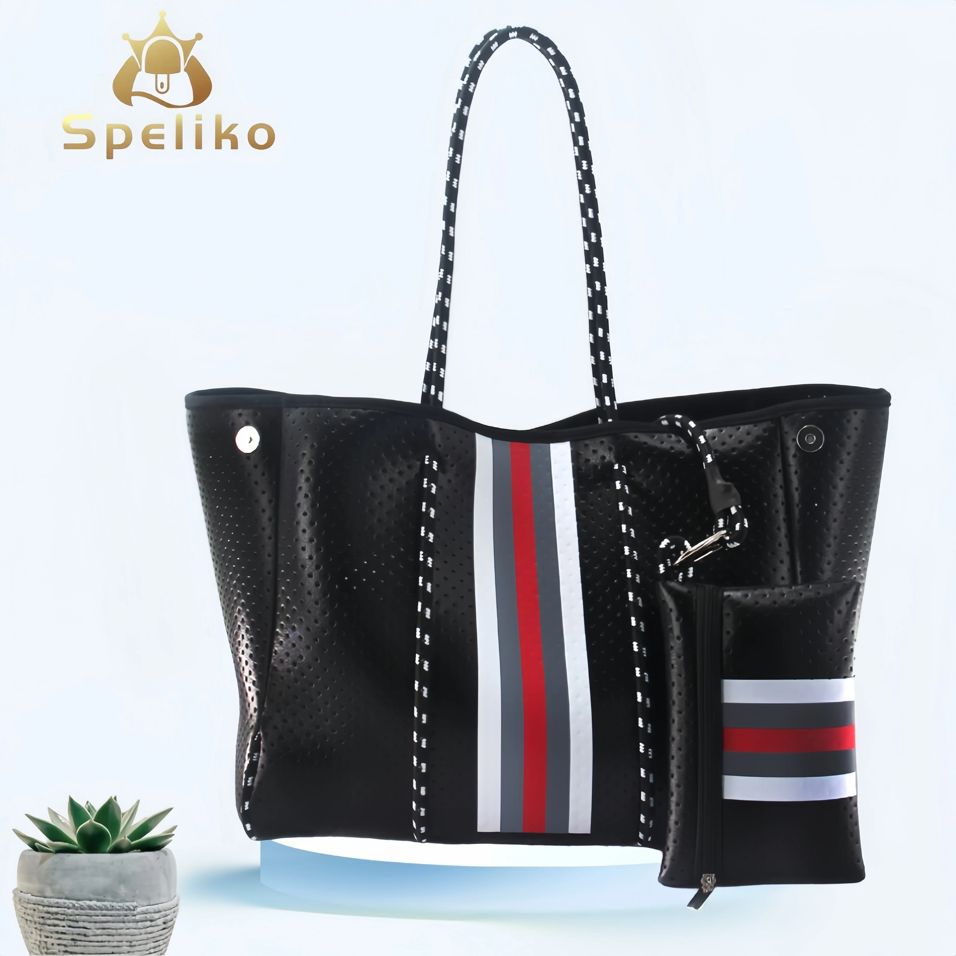 2024 Hot Selling Travel Summer Large Neoprene Beach Tote with Phone Wallet Set Perforated Women Beach Bag Neoprene Tote Bag