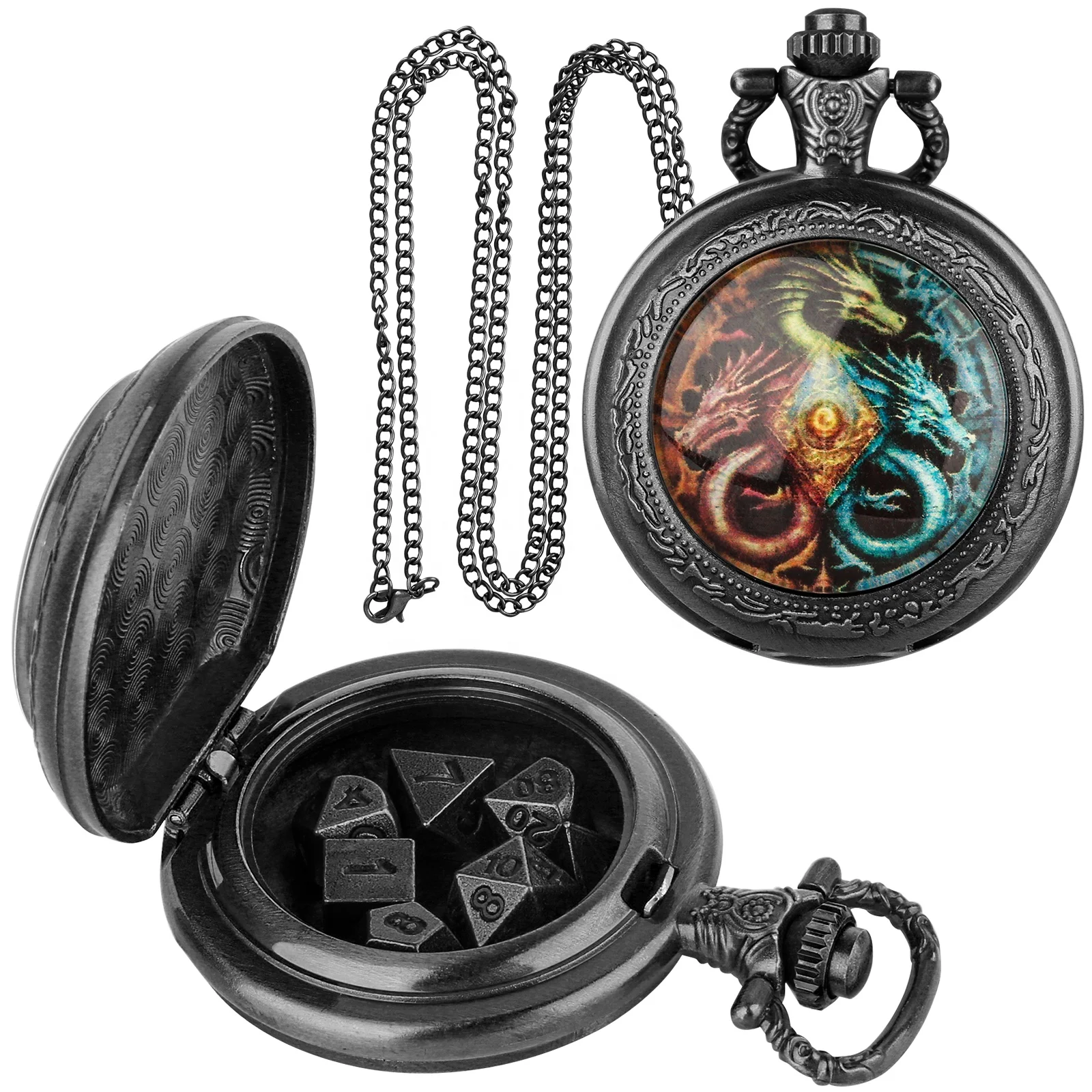 Vicious Dragon DND Pocket Watch Shell Dice Mini Metal Dice Set for Dungeons and Dragons