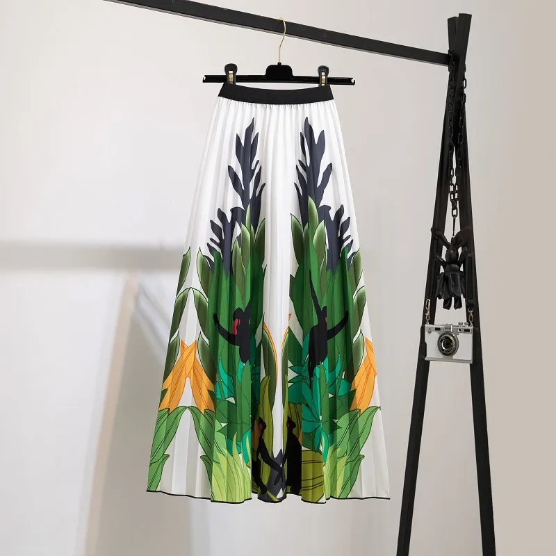 
2021 New printed skirt women elastic waistband midi length pleated skirt 