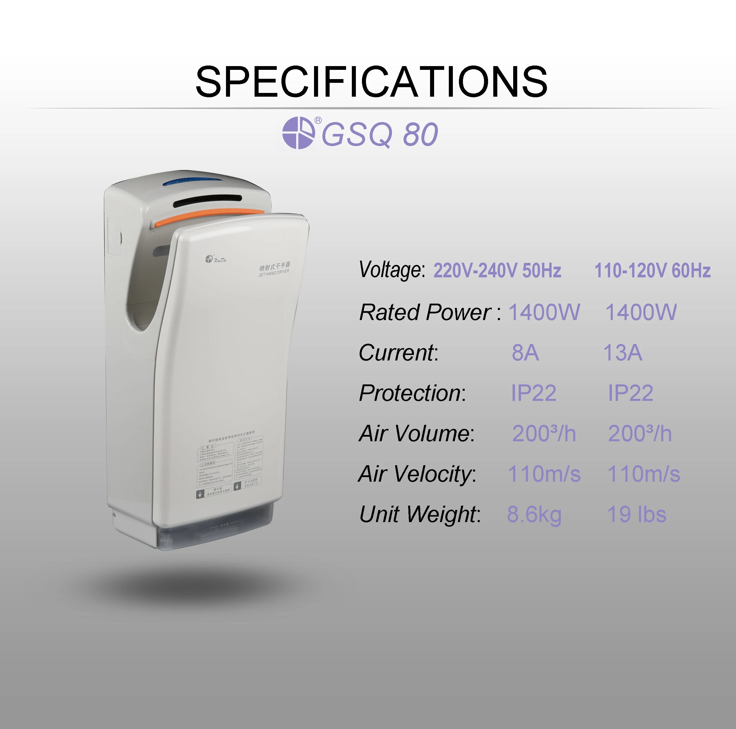 Белая высокоскоростная сушилка для рук XinDa GSQ80 из нержавеющей