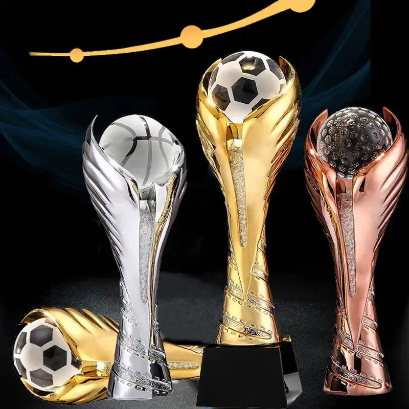 Hot sales world game resin trophy soccer basketball golf ball cup gold silver bronze sports award crystal resin trophy