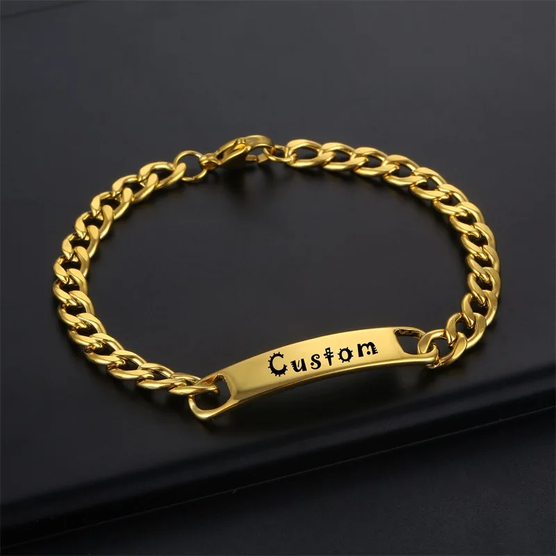 BINSHUO Wholesale Custom Bracelet Jewelry 18k Gold Plated Stainless Steel Cuban Chain Laser Engraving Custom Name Bar Bracelets