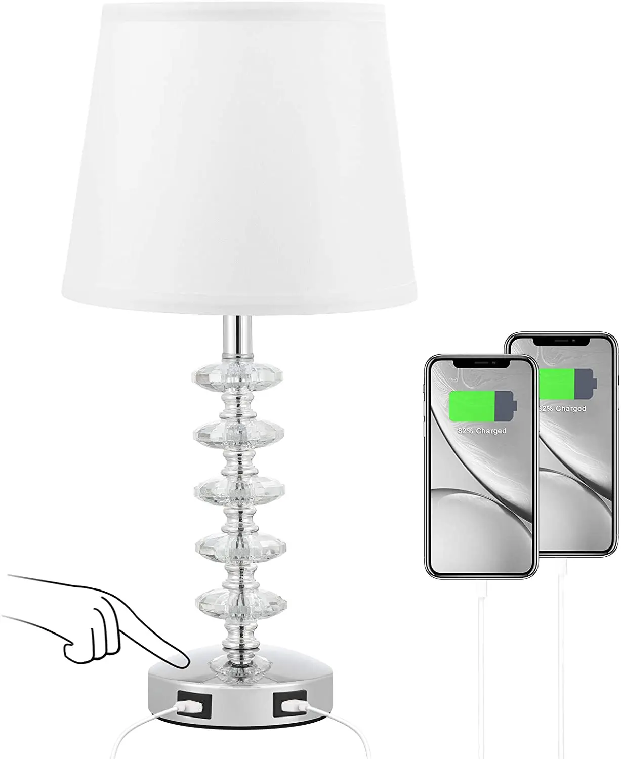 Modern Bedside Lamp Touch Control Crystal Table Lamps 3 Way Dimmable with Dual USB Ports