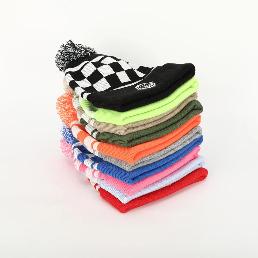 Oem Custom High Quality Winter Ski Skull Knitted Beanie Cap,PVC Patch Logo Bobble Hat,Acrylic Jacquard Plaid Pom Pom Beanie