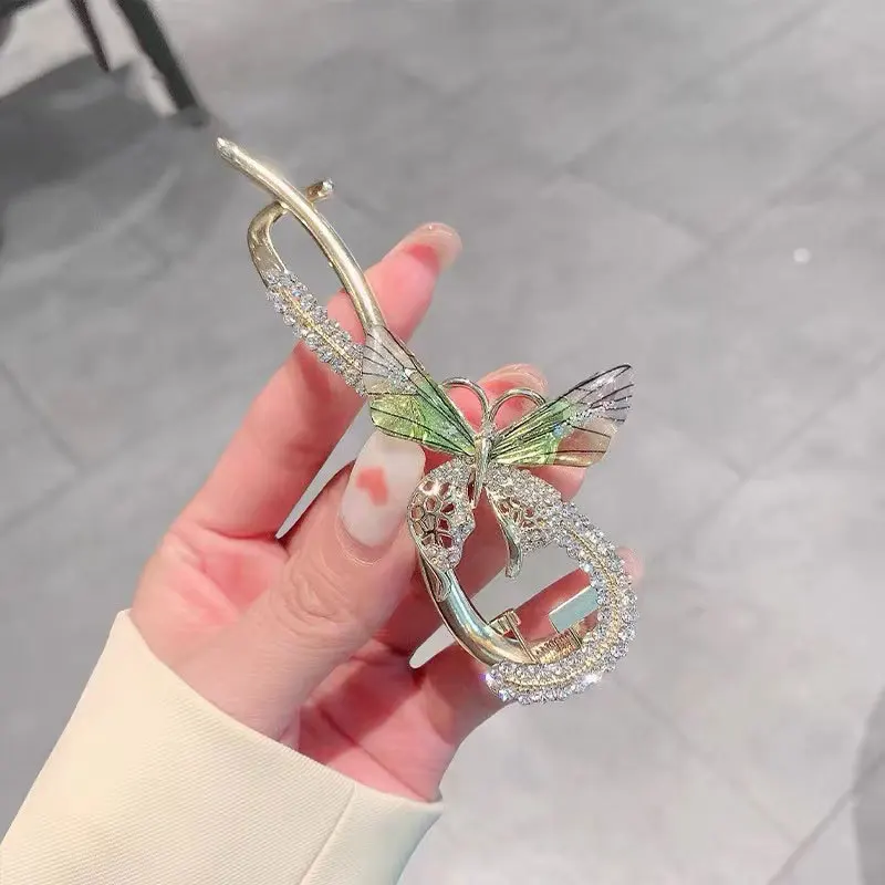 Vintage Rhinestone Sparkling Exquisite Twist Frog Buckle Women Ponytail Hair Clip Frog Buckle Butterfly Cicada Wing Hair Grips