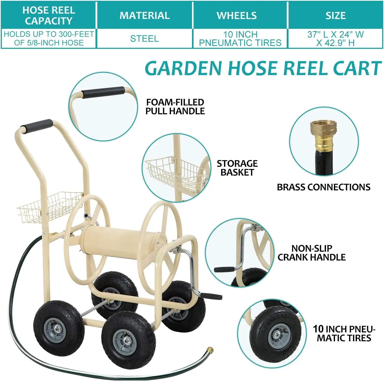 Heavy Duty Hose Reel Cart Garden for Outdoor Patio Lawn W 4 Wheels Metal Care Watering Equipment Holds 300-Feet Hose, Green