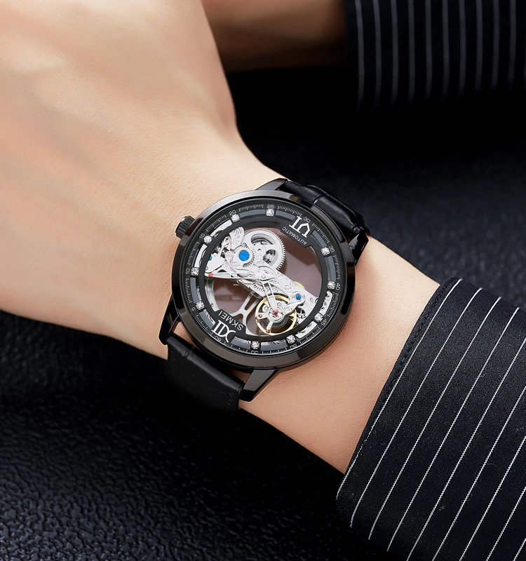 high quality waterproof skmei M031 luxury gold skeleton transparent men mechanical leather strap automatic watch